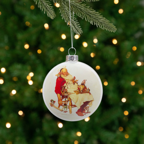 Norman Rockwell 'Santa and His Helpers' Glass Disc Christmas Ornament - 3" - IMAGE 1