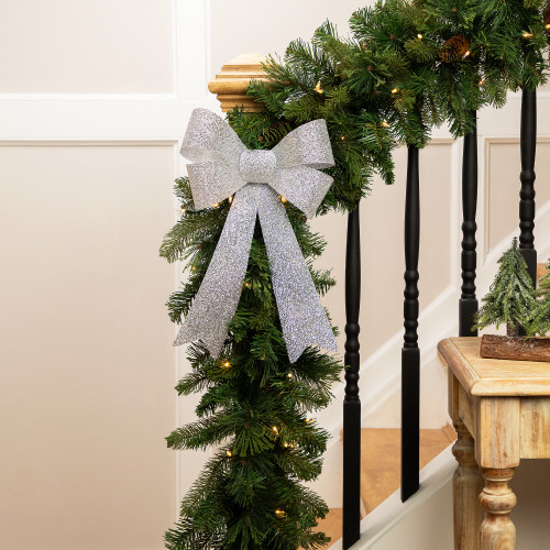 Tinsel 4-Loop Bow Christmas Decoration - 16" - Silver - IMAGE 1