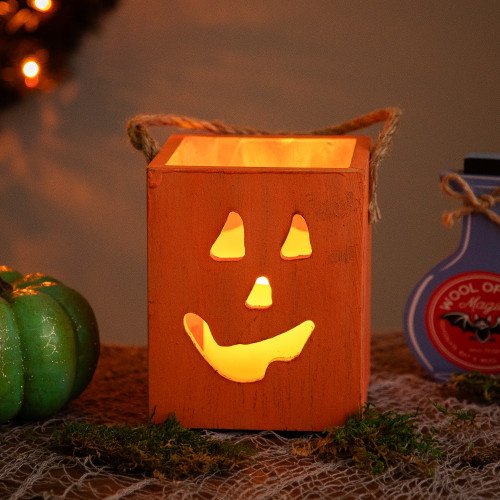 Small Orange Wood Jack O Lantern Halloween Candle Lantern - 6.25" - IMAGE 1