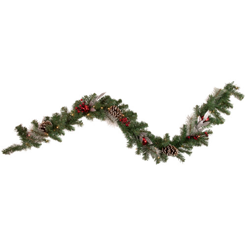 Pre-Lit Battery Operated Frosted Pine and Berries Christmas Garland - 6' x 9" - Cool White LED Lights - IMAGE 1
