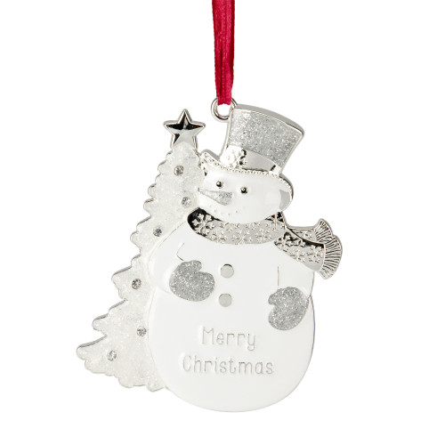 3.5" White Silver-Plated Snowman Merry Christmas Ornament with European Crystals - IMAGE 1