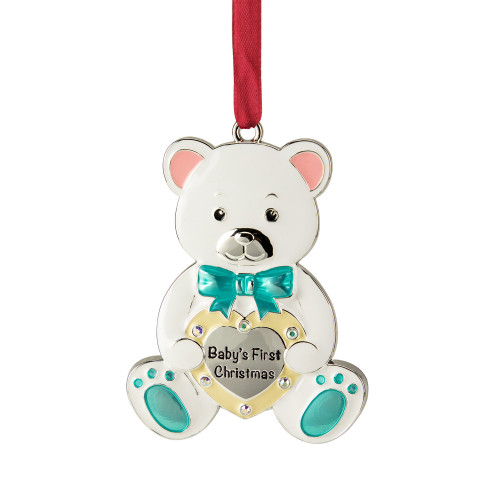 Pastel Silver Plated Bear Baby's First Christmas Ornament with European Crystals - 3" - IMAGE 1