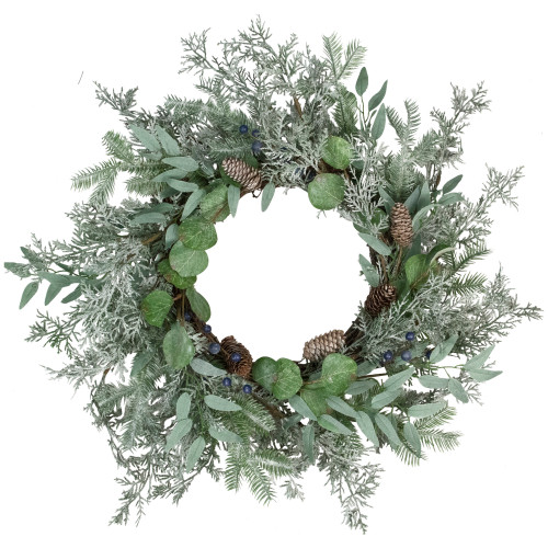 Frosted Green Mixed Foliage and Blueberries Artificial Christmas Wreath, 26-Inch, Unlit - IMAGE 1