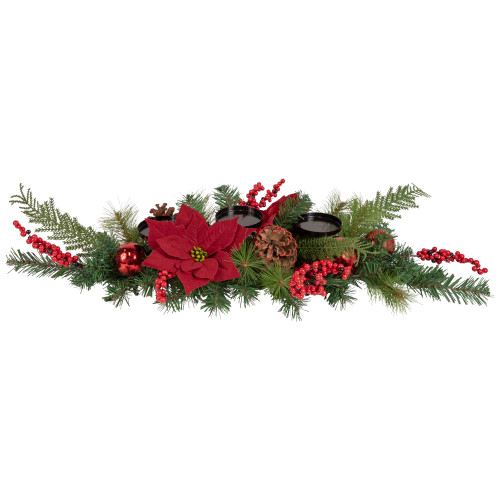 32" Artificial Mixed Pine, Berries and Poinsettia Christmas Candle Holder Centerpiece - IMAGE 1