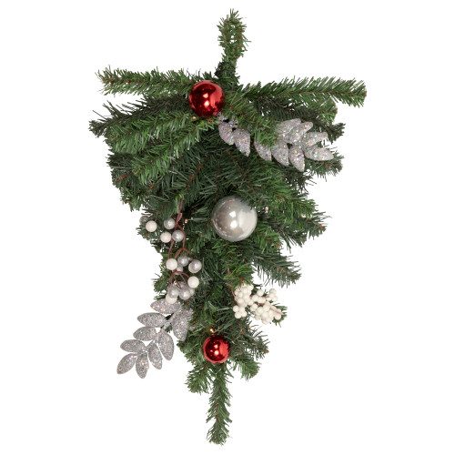 20" Pre-lit Decorated Green Pine Artificial Teardrop Christmas Swag, Cool White LED Lights - IMAGE 1