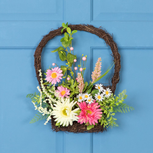 Gerbera Daisy, Veronica and Statice Spring Twig Basket Wreath - 17" - IMAGE 1
