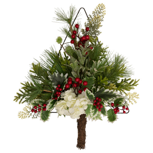 24" Pine Christmas Tree Wall Hanging Decoration with Berries and Holly - IMAGE 1