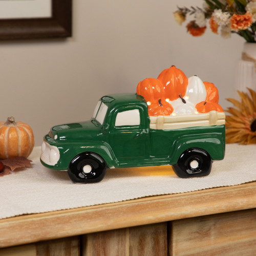 LED Lighted Pumpkin Hauling Vintage Truck Ceramic Fall Harvest Figure - 9.5" - IMAGE 1