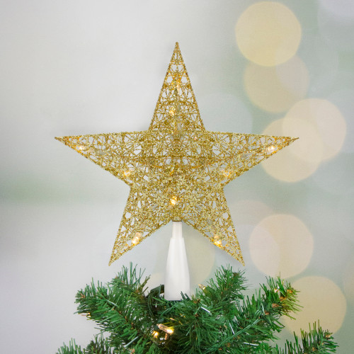 10" LED Lighted Gold Glittered Star Christmas Tree Topper, Warm White Lights - IMAGE 1