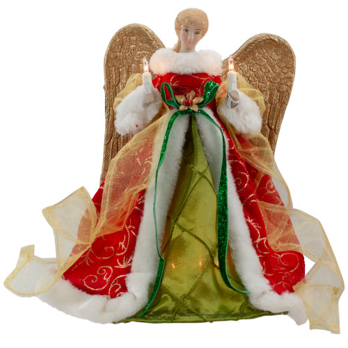 12" Lighted Red and Green Angel with Wings Christmas Tree Topper - Clear Lights - IMAGE 1