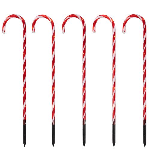 Set of 5 Red Lighted Candy Cane Christmas Lawn Stakes 28" - Battery Operated - IMAGE 1