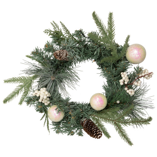 Pre-Lit LED Mixed Pine and Berries B/O Christmas Wreath - 16" - Warm White Lights - IMAGE 1