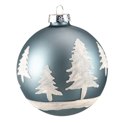 4" Slate Blue with Glittered Trees Glass Ball Christmas Ornament - IMAGE 1