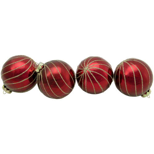 Glitter Swirl Stripes Christmas Glass Ball Ornaments - 3" (76mm) - Ruby Red - 4ct - IMAGE 1