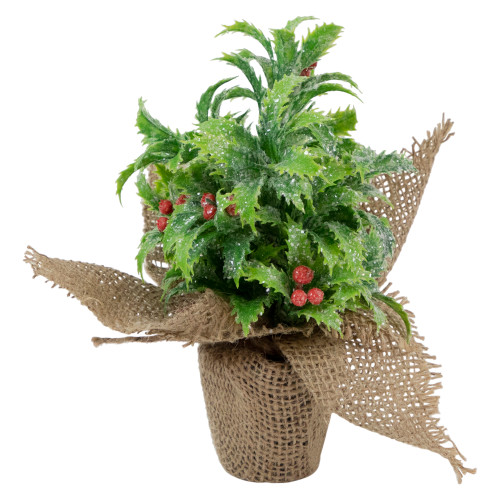 Iced Artificial Christmas Holly Berry Plant in Burlap Base - 8" - IMAGE 1