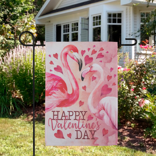 Happy Valentine's Day Flamingo Outdoor Garden Flag 18" x 12.5" - IMAGE 1
