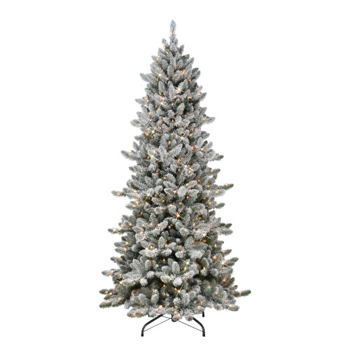 7.5' Pre-Lit Slim Flocked Spruce Artificial Christmas Tree, Clear Lights - IMAGE 1
