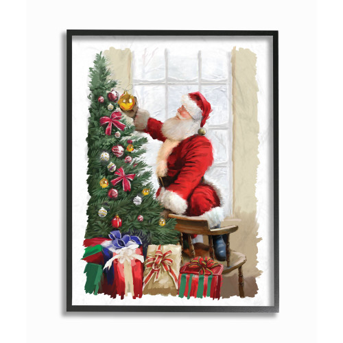 Green and Red Santa Decorating Christmas Tree Rectangular Framed Wall Art 20" x 16" - IMAGE 1