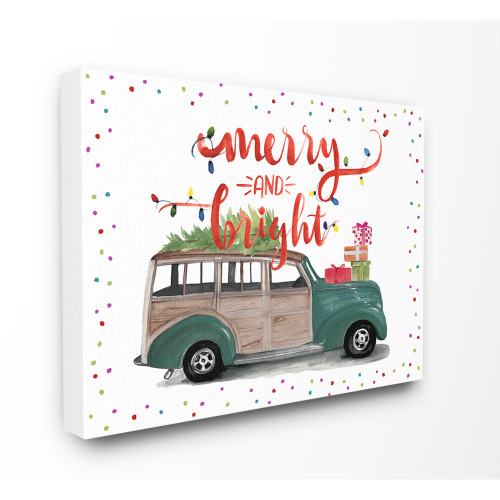 White Merry And Bright Green Car with Tree Gifts Rectangular Canvas Wall Art 20" x 16" - IMAGE 1