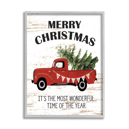 Red and White Merry Christmas Truck Gray Framed Giclee Texturized Wall Art 14" x 11" - IMAGE 1