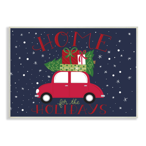 Blue and Red "Home for Holidays" Car with Presents Wall Plaque Art Decor 13" x 19" - IMAGE 1