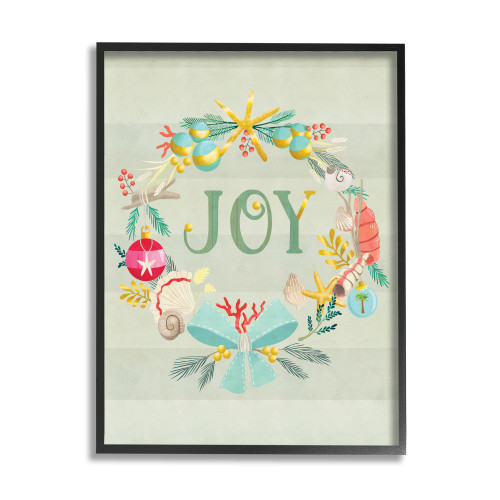 Green and Blue Nautical Wreath Joy Sentiment Stripes Rectangular Framed Wall Art 30" x 24" - IMAGE 1
