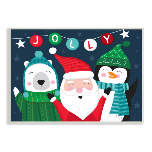 Blue and Red Jolly Santa Claus Penguin Christmas Rectangular Wall Plaque 13" x 19" - IMAGE 1