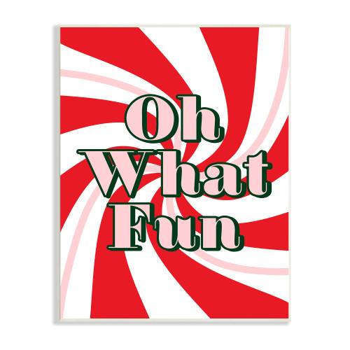 Red and Pink Oh What Fun Phrase Peppermint Pattern Rectangular Wall Plaque Art 19" x 13" - IMAGE 1