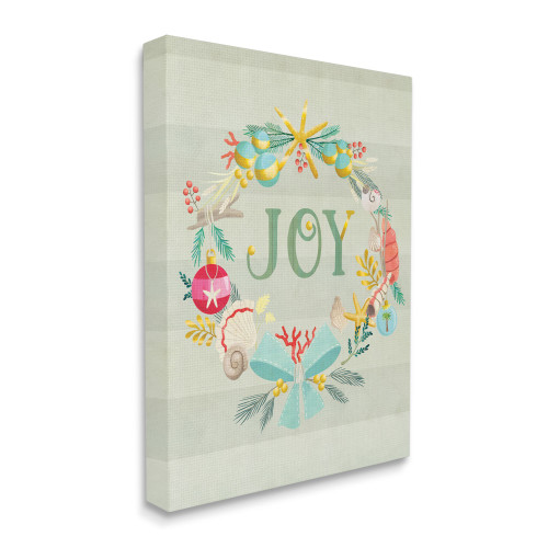 Green and Blue Nautical Wreath Joy Sentiment Stripes Rectangular Canvas Wall Art 48" x 36" - IMAGE 1