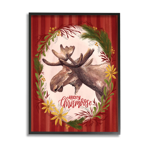 Red and Black Merry Christmas Moose Holiday Wreath Framed Giclee Texturized Wall Art 14" x 11" - IMAGE 1
