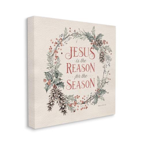 Beige and Green Jesus Reason for Season Wreath Christmas Square Canvas Wall Art Decor 24" x 24" - IMAGE 1