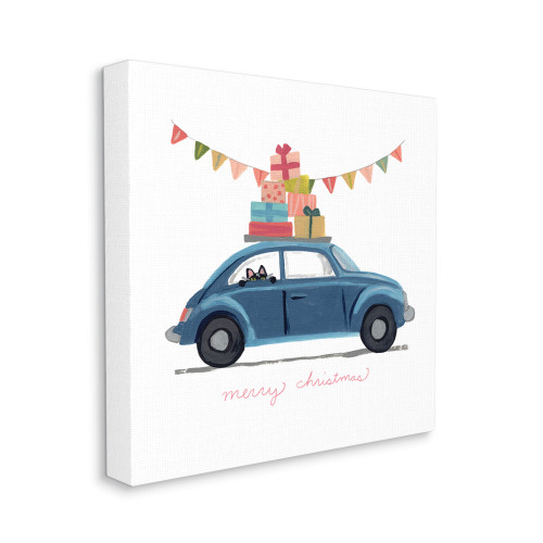 Blue and White Cat Car with Present Stack Stretched Christmas Wall Art 24" - IMAGE 1