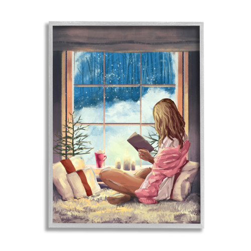 Blue and Brown Girl Reading Gray Rustic Rectangular Framed Wall Art 20" x 16" - IMAGE 1