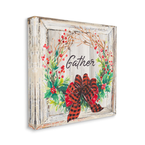 Brown and Red Winter Gather Phrase Barn Wood Wreath Canvas Stretched Wall Art 30" x 30" - IMAGE 1