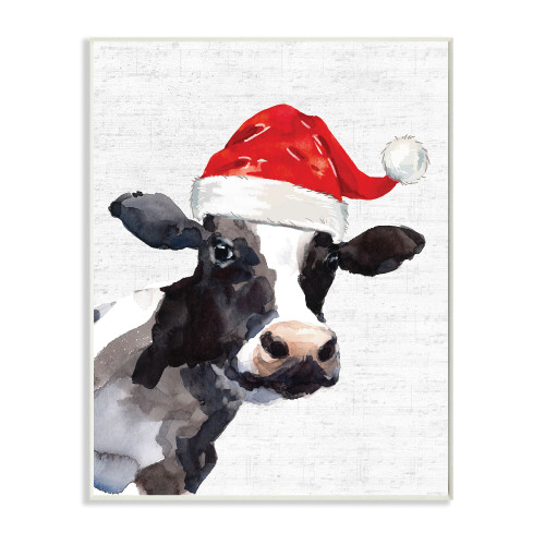 Red and White Farm Cow Santa Claus Hat Christmas Wall Plaque Art 19" x 13" - IMAGE 1