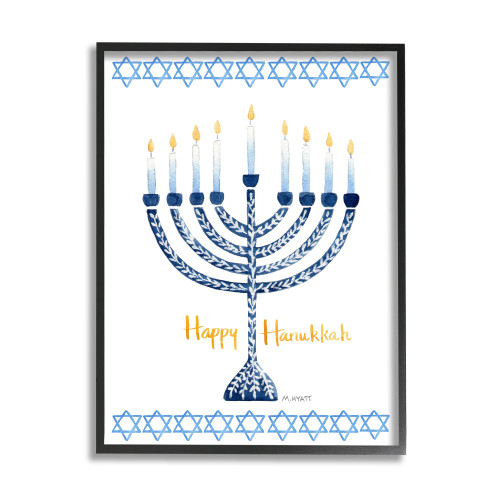 Blue and White "Happy Hanukkah" Festive Menorah Framed Wall Art Decor 14" x 11" - IMAGE 1