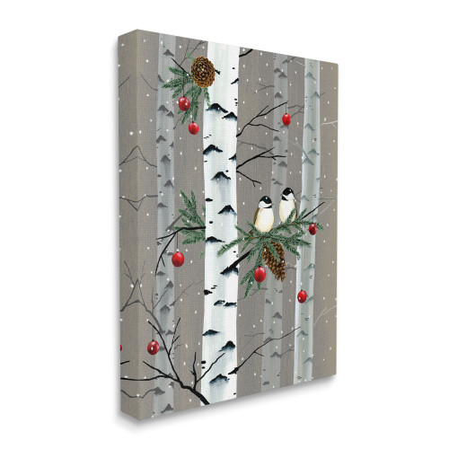 Gray and Red Birds with Holiday Ornaments Birch Tree Stretched Wall Art Decor 48" x 36" - IMAGE 1