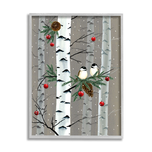 Gray and Red Birds with Holiday Ornaments Birch Tree Rustic Wall Art Decor 30" x 24" - IMAGE 1
