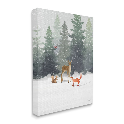 Green and White Forest Animals Fox Deer Squirrel Stretched Canvas Wall Art Decor 20" x 16" - IMAGE 1