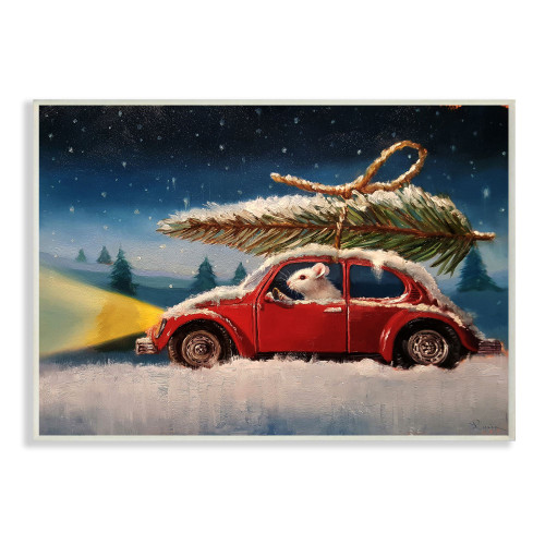 Blue and Red Mouse Driving Through Snow Christmas Tree Rectangular Wall Plaque Art Decor 15" x 10" - IMAGE 1
