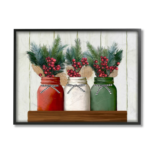 White and Red Jars Christmas Berry Bouquets Framed Giclee Texturized Wall Art Decor 30" x 24" - IMAGE 1