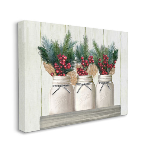 White and Green Jars with Christmas Berry Bouquets Rectangular Canvas Wall Art Decor 40" x 30" - IMAGE 1
