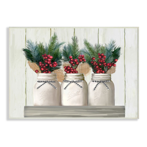 White and Green Jars with Christmas Berry Bouquets Rectangular Wall Plaque Art Decor 19" x 13" - IMAGE 1