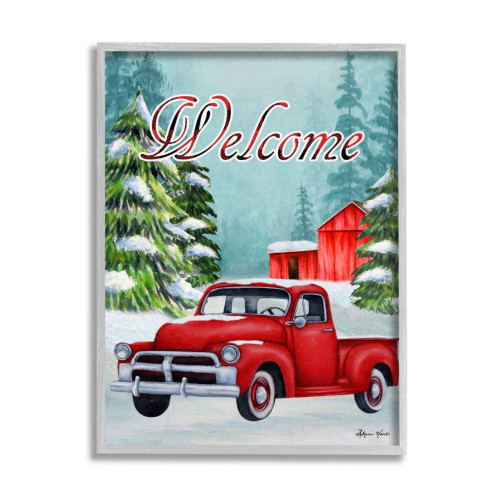 Red and Gray Winter Welcome Sign Truck Snow Barn Framed Christmas Wall Art 14" x 11" - IMAGE 1