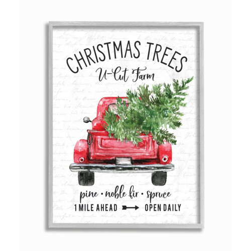 White and Red Farm Truck with Winter Pine Christmas Gray Rustic Framed Wall Art 14" x 11" - IMAGE 1