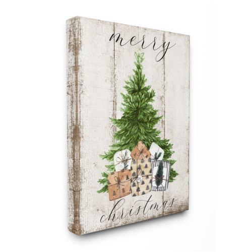 White and Green Rustic Merry Christmas Tree Illustration Rectangular Wall Art 20" x 16" - IMAGE 1