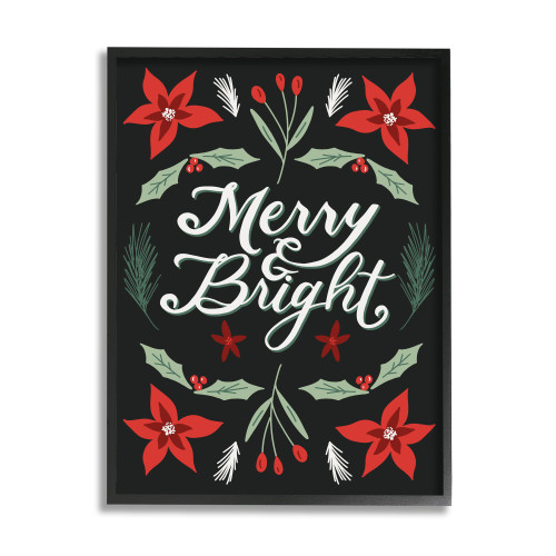 Black Merry and Bright Festive Text Poinsettia Rectangular Christmas XXL Framed Wall Art 30" x 24" - IMAGE 1