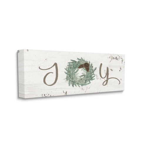 White and Green "Joy" with Winter Wreath Canvas Wall Art Decor 13" x 30" - IMAGE 1