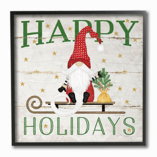 White and Black "Happy Holidays" Gnome Stretched Square Framed Christmas Wall Art 12" - IMAGE 1