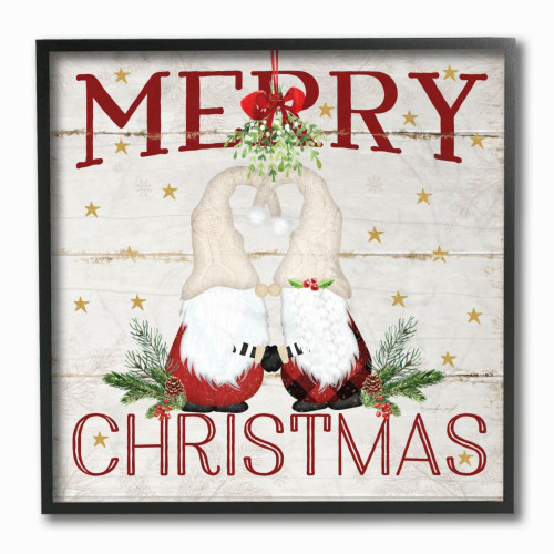 White and Black "Merry Christmas" Gnomes Under Mistletoe Square Christmas Framed Wall Art 12" - IMAGE 1